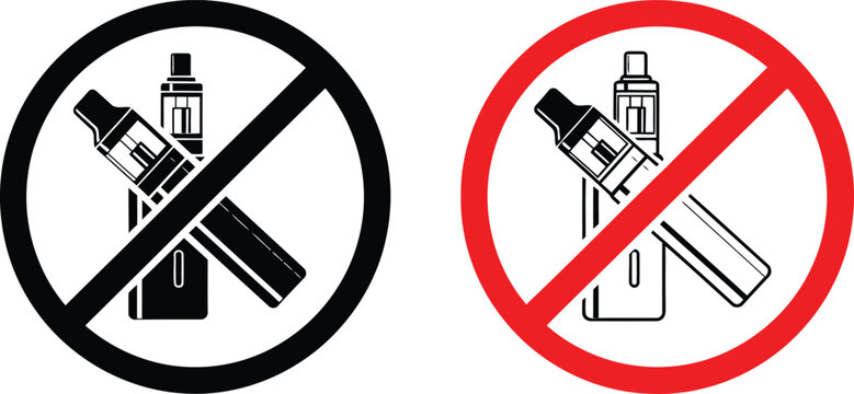 Two variations of a no vaping sign featuring a prohibition circle over a black vape pen icon. Vector