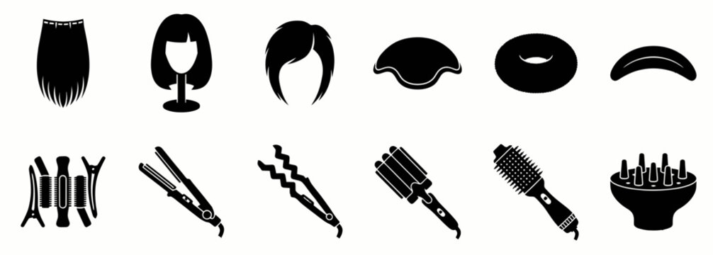 Comprehensive set of hair styling tools and accessories, including wigs, extensions, irons, crimpers, and diffusers, ideal for beauty and haircare projects.