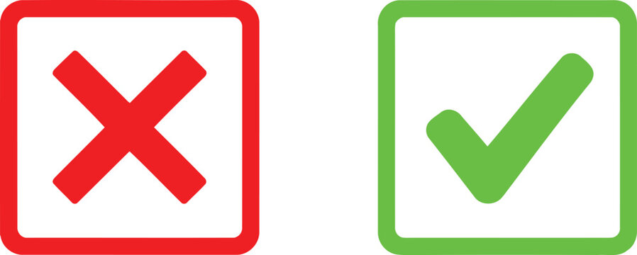 A graphic design featuring a red cross mark and a green check mark inside rounded squares icons. Vector