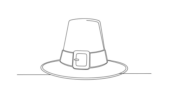 Single line drawing of a pilgrim hat with a buckle, suitable for holiday themes, historical content, or minimalist design elements.