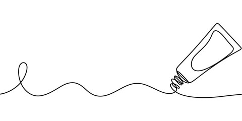 Obraz premium Minimalist continuous line art of a squeeze tube and a flowing wavy line, ideal for beauty, hygiene, or product branding and elegant graphic compositions.