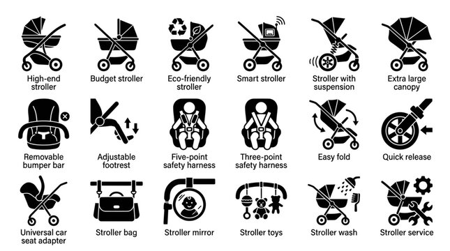 Set of black and white glyph icons representing different stroller types, safety features, accessories, and service options for product specifications and informational materials.