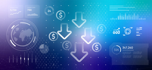 Obraz premium financial market crash and economic decline downward arrows on digital blue dashboard with global statistics investment loss stock price reduction in global trade
