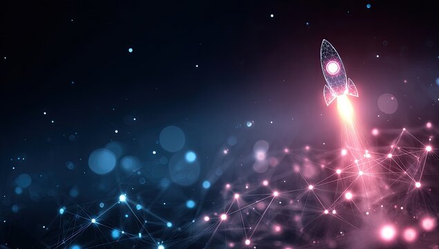 Digital rocket launches from glowing network against dark blue and pink bokeh night sky