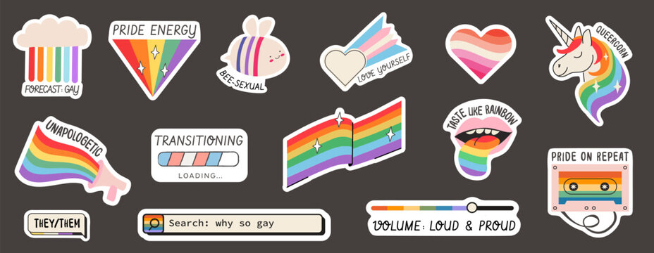 Retro LGBTQ pride sticker set with inclusive rainbow slogans. Vintage y2k computer ui icons, transgender flag loading bar, lesbian pride heart, and queer aesthetic graphics for digital design. Vector.