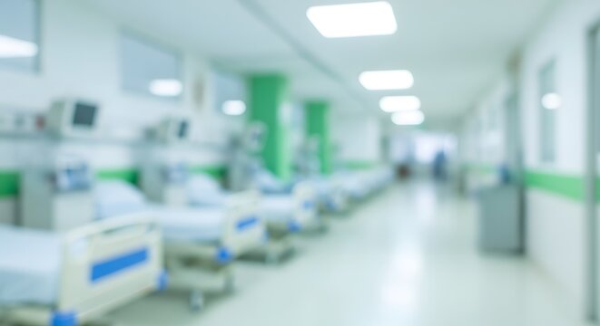 Blurred hospital hallway a view of patient rooms and medical equipment