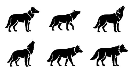 Obraz premium Black wolf silhouette set, howling wild animal icons, 6 vector wolf poses