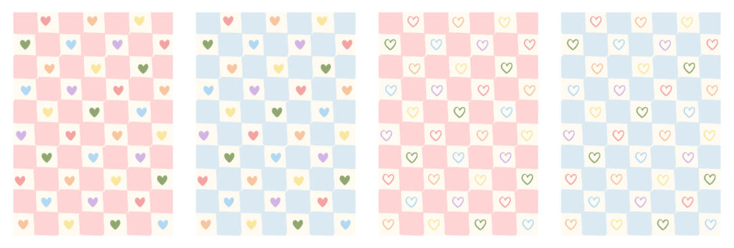 Set of pastel rainbow heart gingham patterns. Retro hand-drawn pink and blue checkerboard backgrounds with colorful heart icons. Cute aesthetic bundle for pride, nursery decor. Vector illustration.
