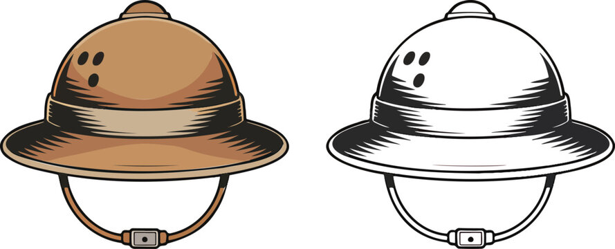 Pith helmet illustration & outline set isolated on transparent background