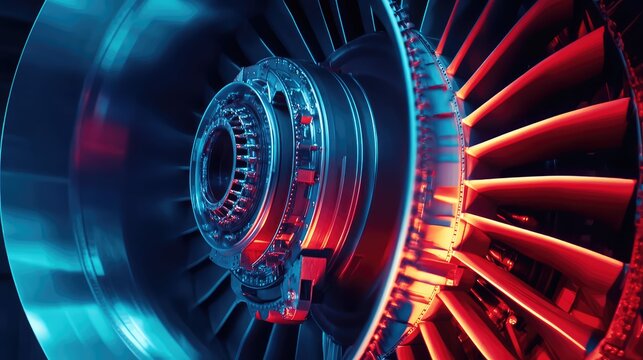 Jet engine turbine blades and internal components glowing with vibrant red and blue light, showcasing advanced aerospace engineering and power generation technology