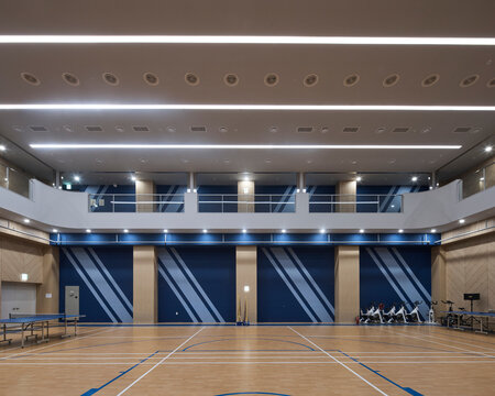 Blue and wood multipurpose sports hall with retractable seating