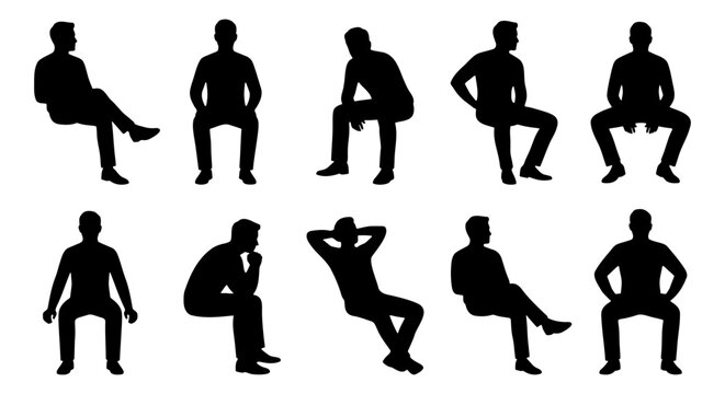 Sitting men silhouettes set, 10 male figures, seated people vector icons