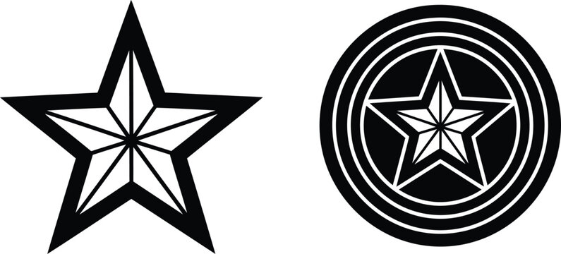 A black and white graphic illustration featuring a star shape next to a circular shield emblem. Vector