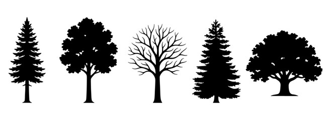 Fototapeta premium Black tree silhouettes, 5 forest tree icons, pine and oak vector set