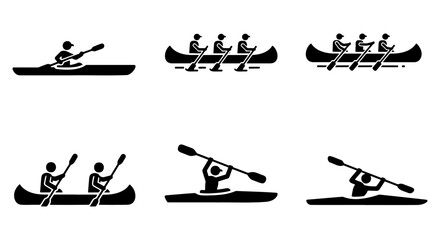 Rowing and kayaking icons set, black water sports vector, 6 boat symbols © Md