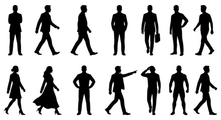 Fototapeta premium Business people silhouettes, 14 walking and standing figures, black vector set