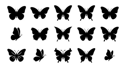 Butterfly silhouette collection, 15 black insect icons, vector set © Monir