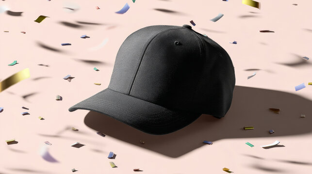 Black snapback hat shadow confetti overhead mockup smooth front festive Black snapback hat with