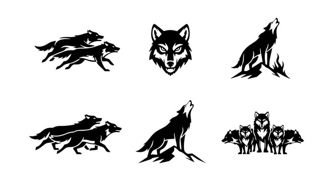 Wolf silhouette logo set, black howling wolf icons, 6 animal vector elements