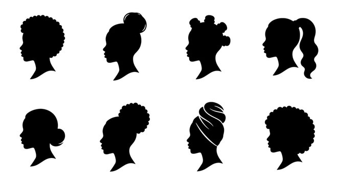 Black woman silhouette head profiles, 8 African hair style vector icons