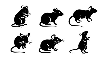 Obraz premium Black mouse silhouettes, 6 rodent icons, minimalist rat vector set