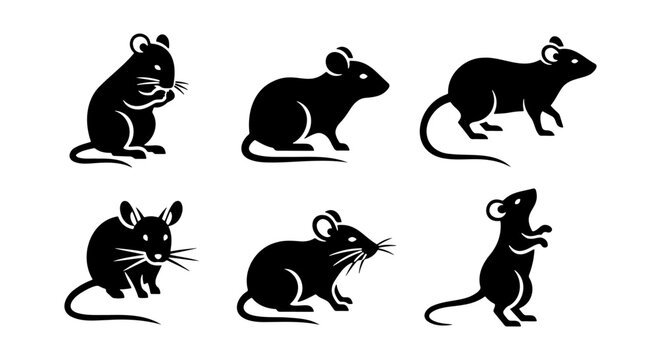 Black mouse silhouettes, 6 rodent icons, minimalist rat vector set