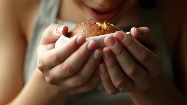 Delicious dessert in hands of person savoring warm treat, freshly baked muffin reveals crumbly texture and sweet aroma. Indulging in delightful muffin experience evokes joy and comfort in every bite.