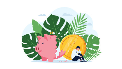 Naklejka premium Depressed businessman sits in despair next to a broken piggy bank and a large golden dollar coin symbolizing financial failure.
