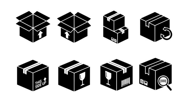 Cardboard box icon set, 8 shipping parcel vectors, delivery package icons