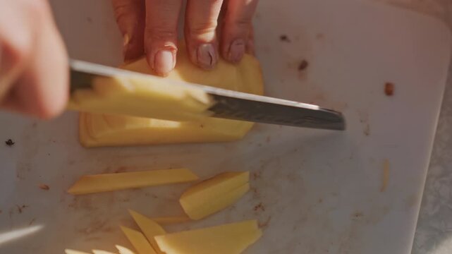 Focused hands cutting potato into fries on white board, even batons lined up in warm morning light, steady knife motion, campfire cookware nearby, meticulous backcountry meal prep