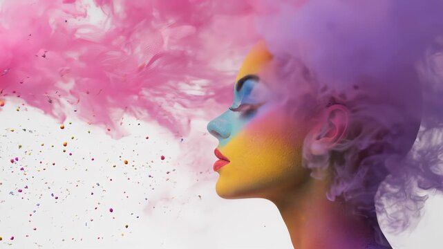 Woman poses with colorful smoke clouds accentuating vibrant face paint. Artistic expression is highlighted in a studio setting with blank space. Concept of beauty, art, design