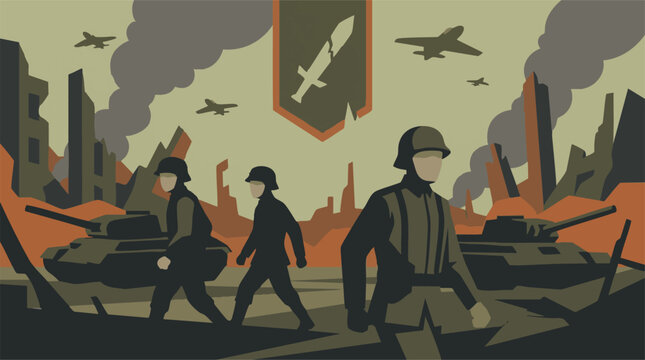 Stylized illustration: Soldiers and tanks in a war-torn city landscape