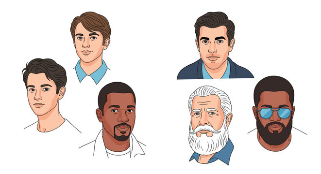 Collection of diverse male portraits showing different ages, ethnicities, and facial hair styles from young to elderly men.