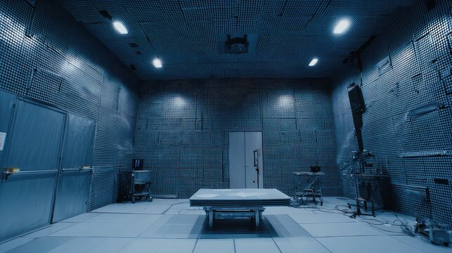 Anechoic chamber interior providing a controlled environment for scientific research and development, performing electromagnetic compatibility or radio frequency testing on electronic equipment