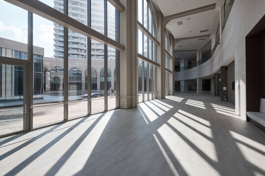 Sunlit arcade and colonnade in contemporary campus architecture