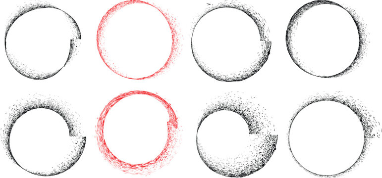  Distress basic geometric shape design . Noise dispersion circle logo . Spray effect .Grunge, grainy, gritty texture with circle frame. Distressed circle element .vector
