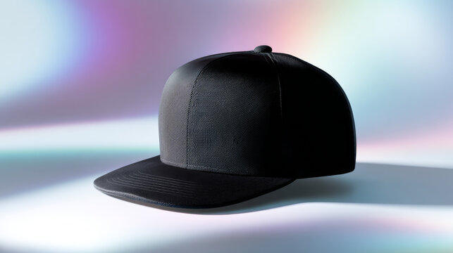 Black snapback cap mockup, smooth texture, shadowless, modern style, gradient background
