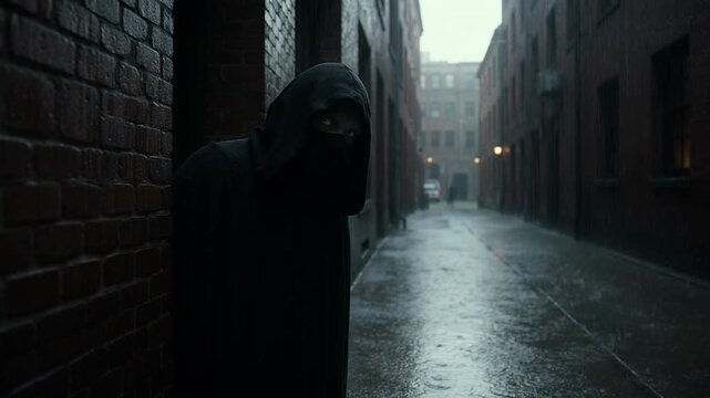 A mysterious figure wearing a dark hooded cloak with glowing eyes peeks from behind a brick wall in a wet, narrow urban alleyway during rainfall