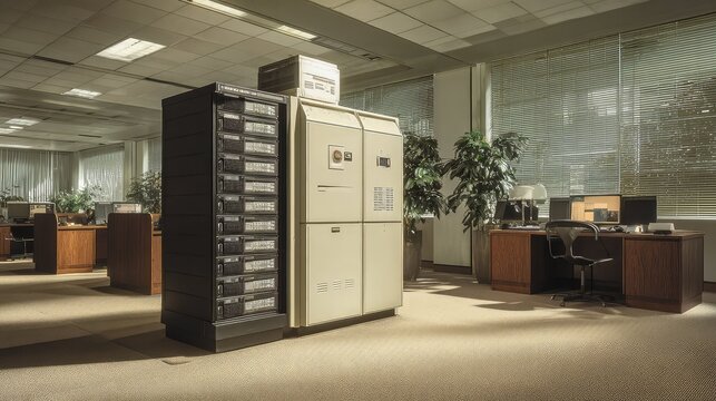 Large server racks and computing equipment standing in an old fashioned office, evoking a sense of past technological innovation and the era of early data processing
