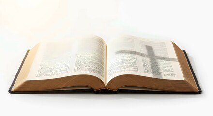 Fototapeta premium Sacred Christian artwork featuring ancient Bible pages opened with cross shadow cast in soft studio lighting isolated on pure white background