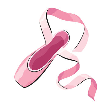 Ballet accessorie. Pink pair of pointe-shoes with satin or silk ribbon. Vector hand drawn sketch style object