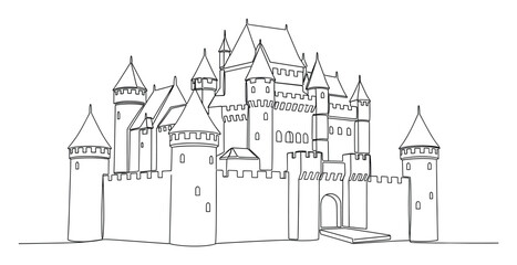 Fototapeta premium Detailed continuous line drawing of a majestic medieval castle with towers, battlements, and a drawbridge perfect for educational materials or historical architectural studies