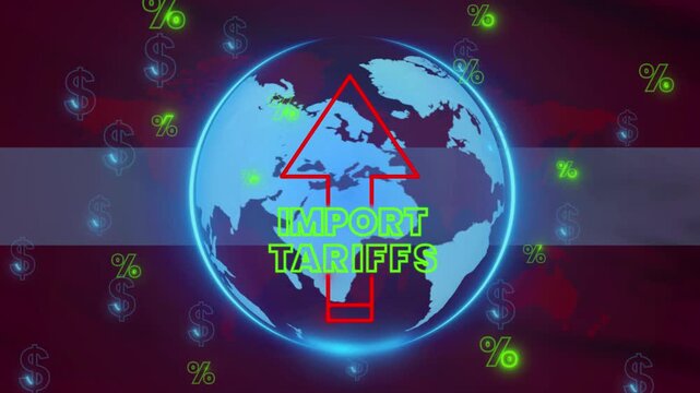 Global import tariffs graphic, showing the effect of the tariffs on import and world trade with symbolic representation. 