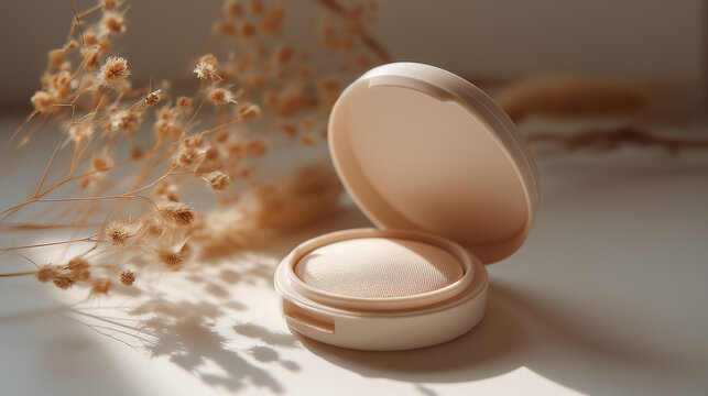 A makeup cushion compact with its lid open sits near dried flowers with soft lighting