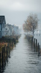 Fototapeta premium Flooded Pathway In Misty Lakeside Village. Atmospheric Scene Of Waterlogged Street With Autumn Trees And Rustic Houses