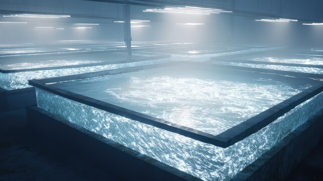 Large troughs of illuminated swirling liquid operate within a futuristic industrial setting, symbolizing purification, clean energy, and advanced processing technologies