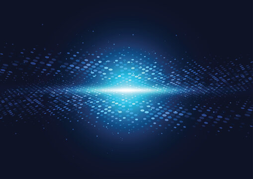 Futuristic abstract blue digital background with glowing halftone dots and particle wave effect.