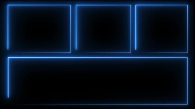 Glowing neon blue color square rectangle picture frame icon animation display neon box footage shape round seamless border retro movement on black background