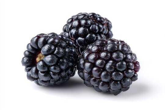Three fresh, ripe, and juicy blackberries isolated on a clean white background, showcasing their natural texture and deep color.