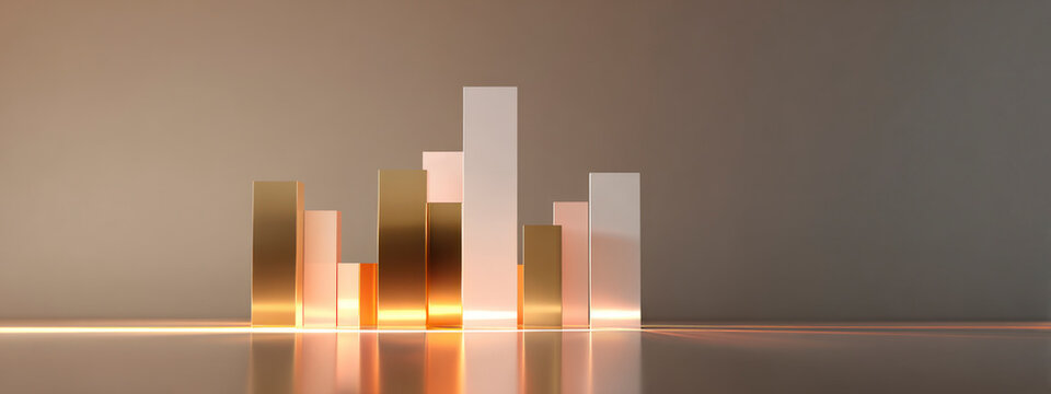 golden bar chart growth with reflection on glossy surface. concept of business success, finance, investment growth and economic progress. banner